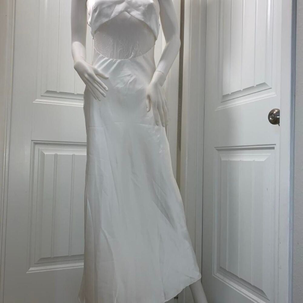 Miss Rosier White Satin Halter Neck Maxi Formal or Wedding Dress Lace Trim NWT